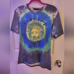 Versace Tie-Dye Medusa Logo Tee - Blue Green Yellow Size XXL
